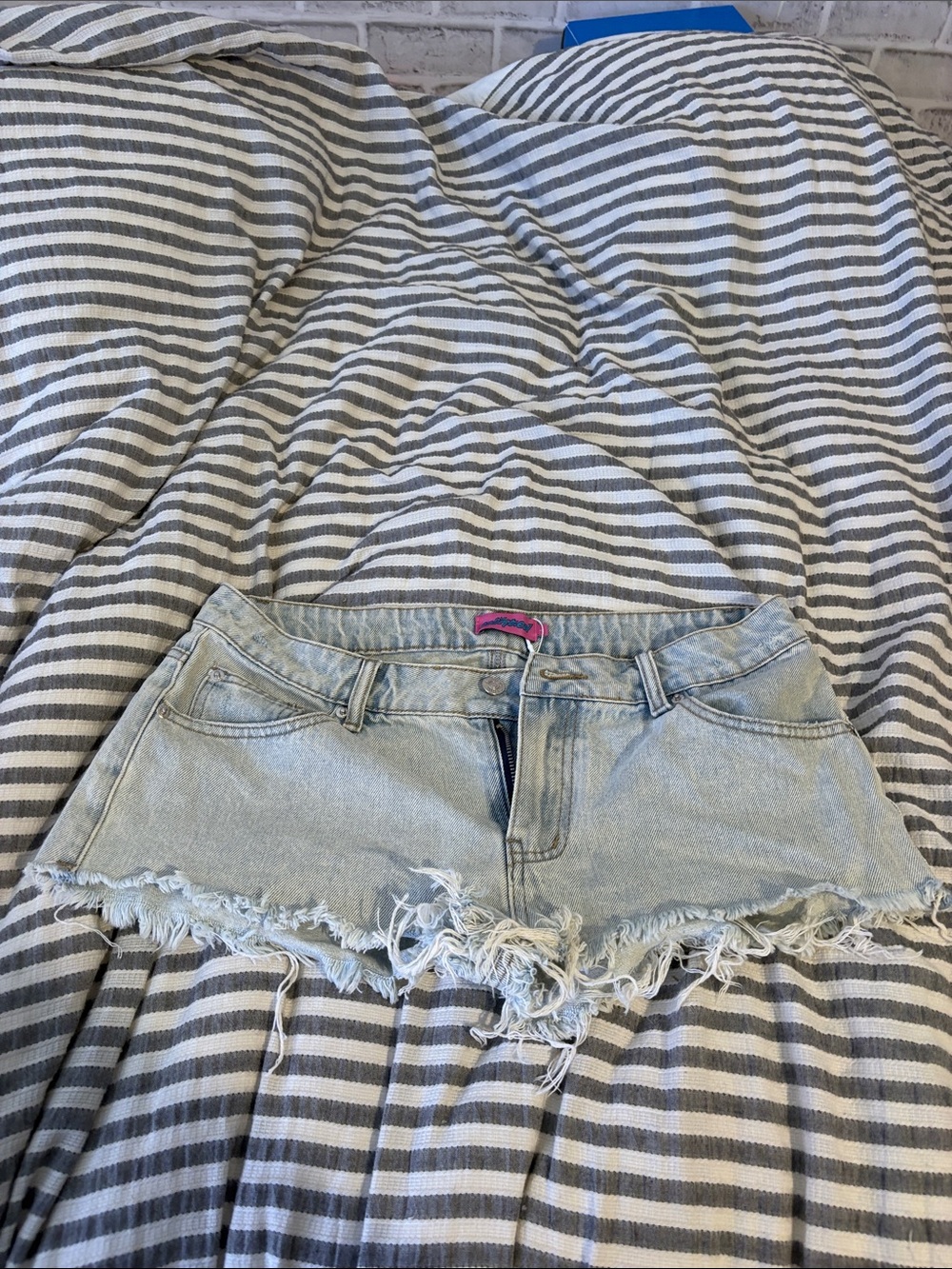 Edikted Light Blue Distressed Denim Cutoff Shorts